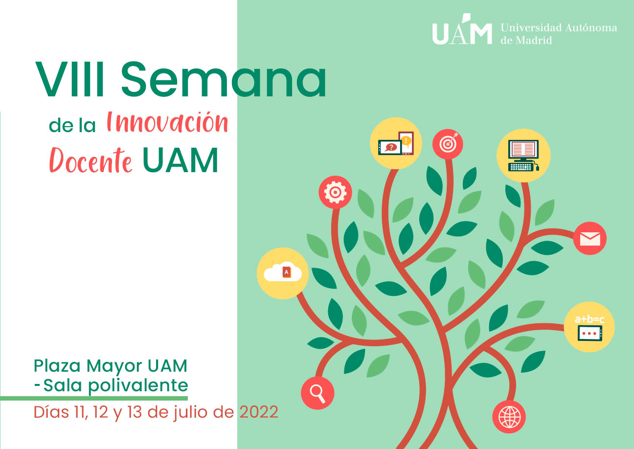 Cartel VIII Semana de la innovación Docente, que se realizará online los días 11, 12 y 13 de julio. Tiene como decoración un árbol con iconos tecnológicos como hojas.