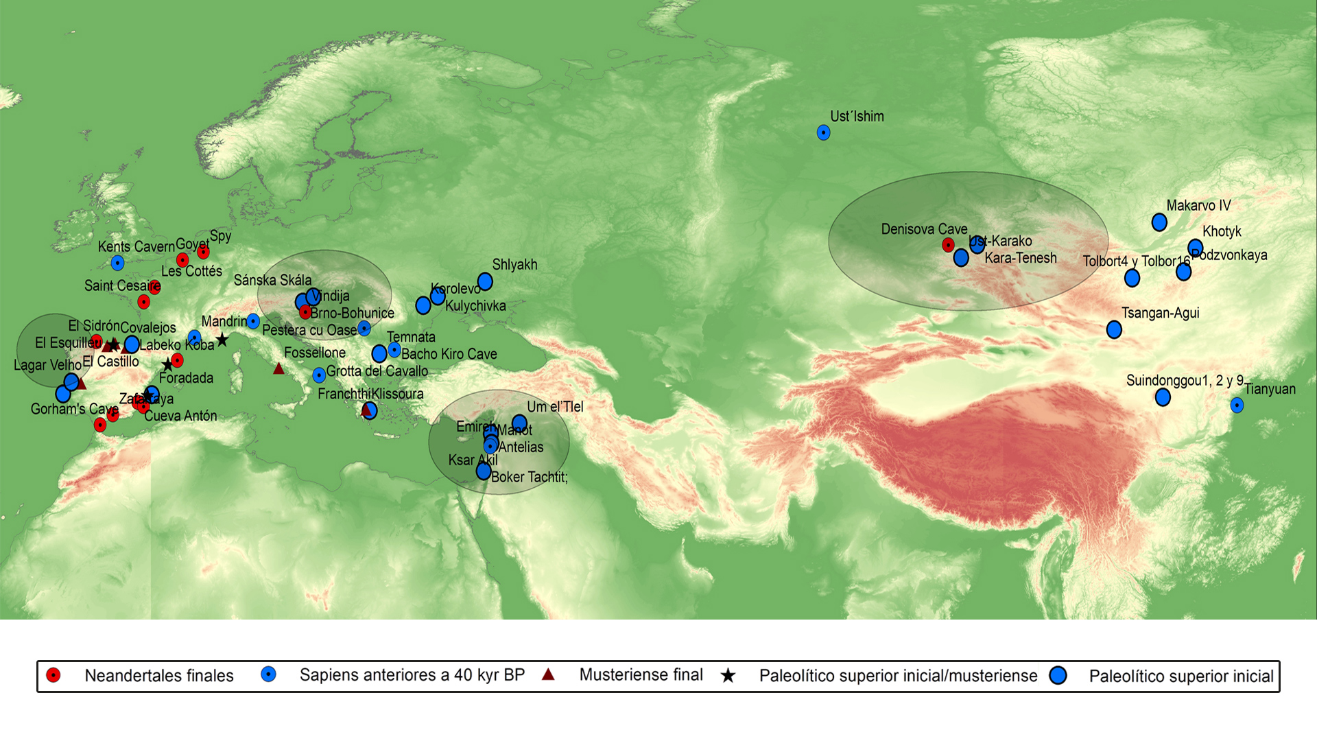 Mapa con la distribución de los principales hallazgos de neandertales tardíos, sapiens anteriores al 40.000 BP, así como yacimientos musterienses tardíos y de Paleolítico superior inicial. 