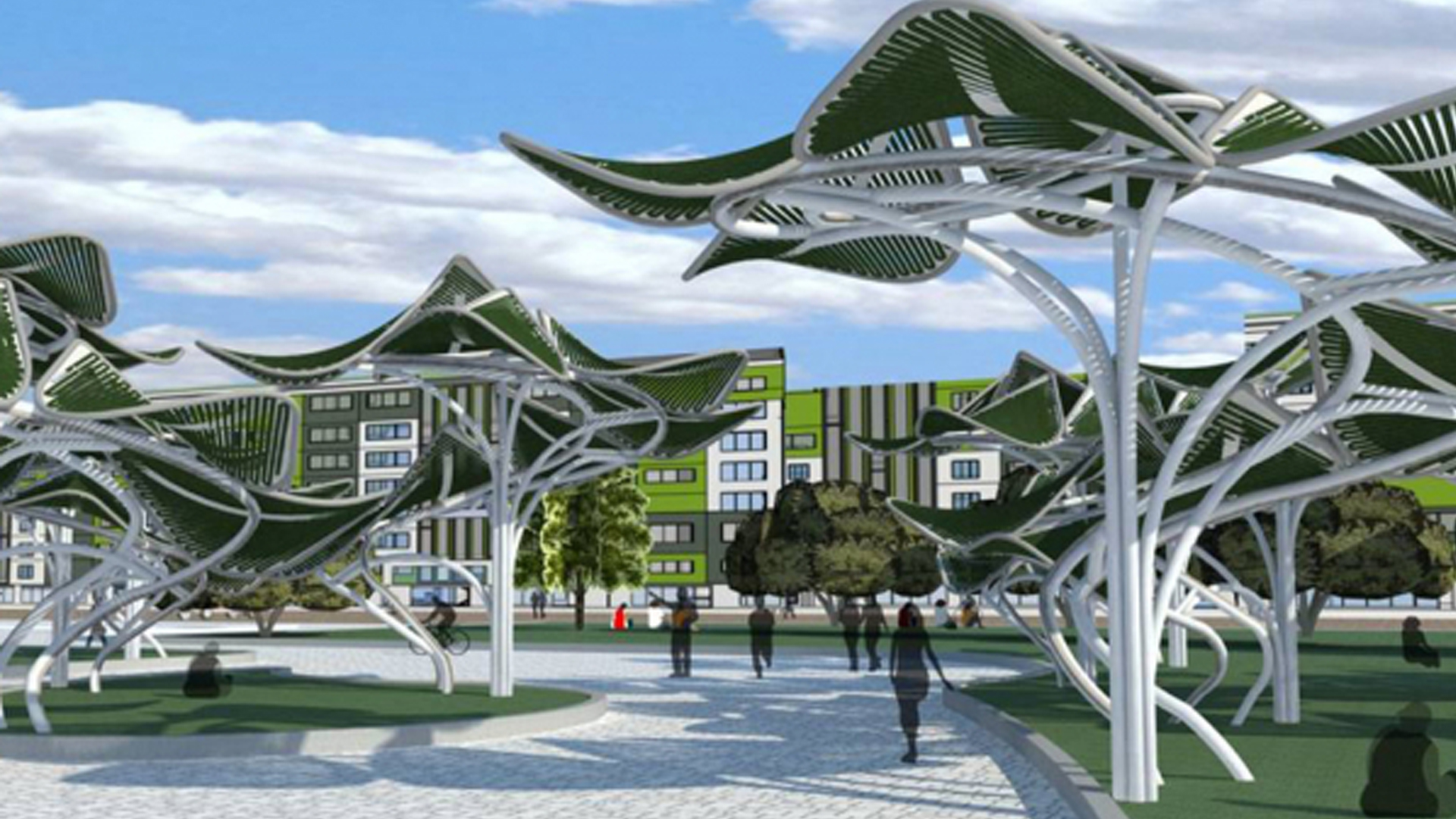 Imagen de una simulación de un parque con árboles de fotobiorreactores de microalgas