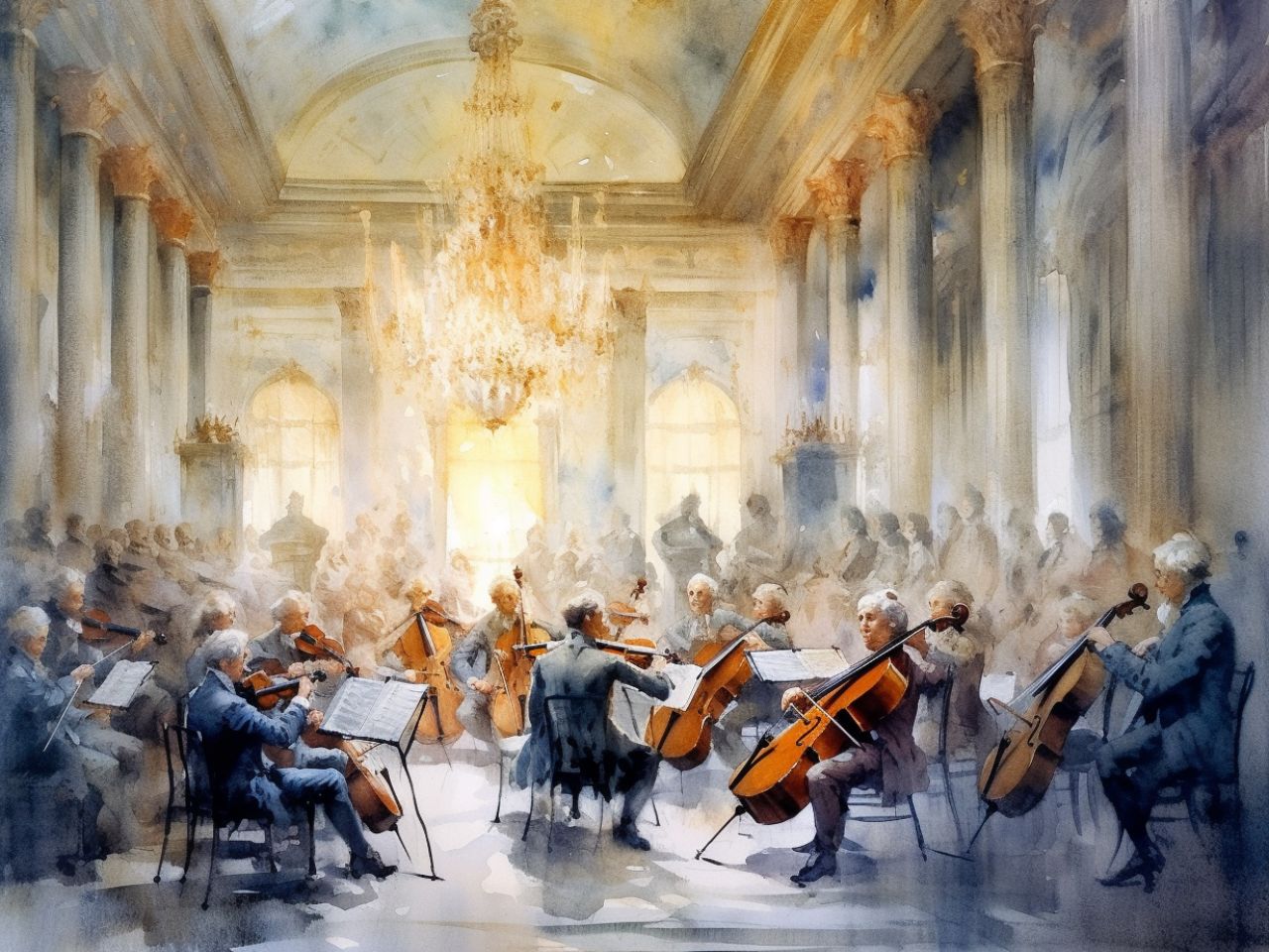Imagen del concierto Gran Soirée Orquestal. Muestra una orquesta en un palacio del siglo XVIII