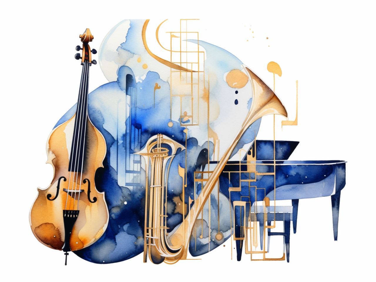 Imagen del concierto Ritmos de Moda de la UAM. Se muestra un conjunto de instrumentos propios del jazz pintados con acuarela