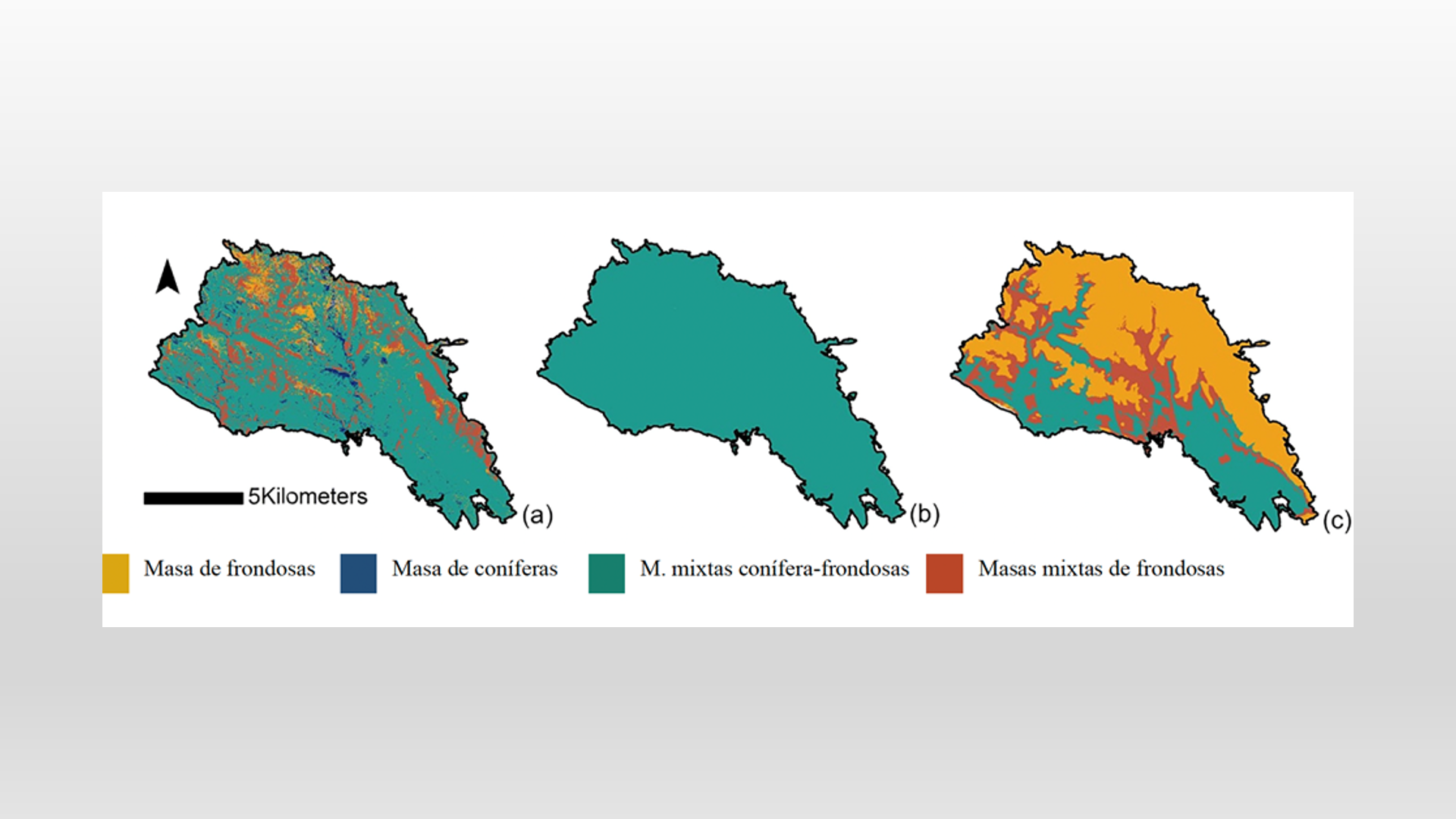 Imagen de los mapas resultado de la aplicación de modelos de nicho a 3 escenarios distintos (descritos en pie de imagen)
