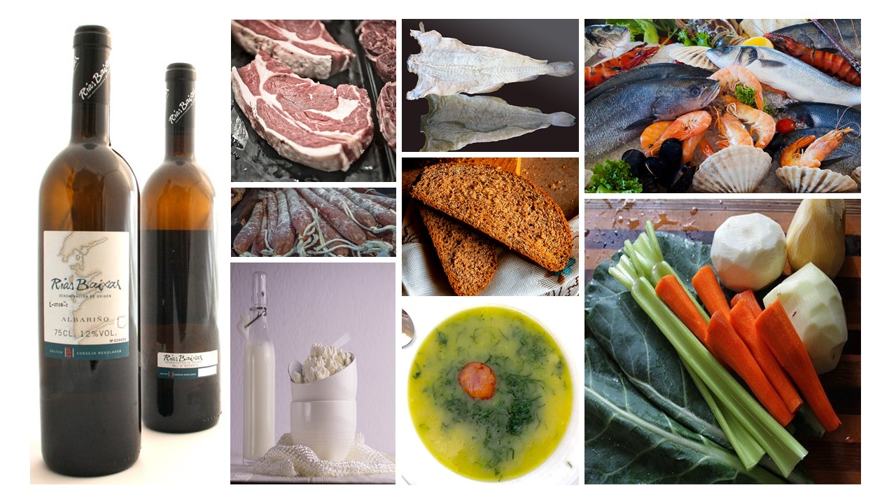 Fotografías de alimentos presentes en la dieta continental como pescados, carnes, legumbres, pan.