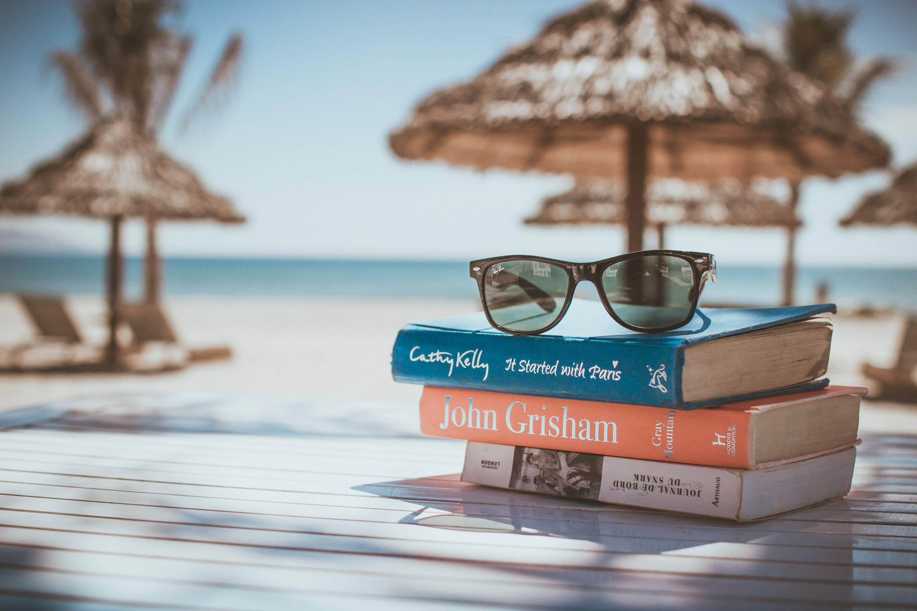 Imagen de unos libros con fondo de playa