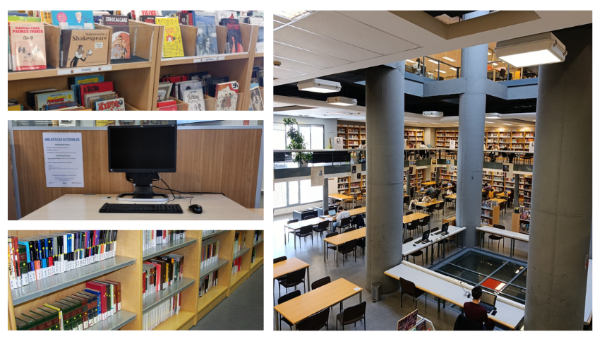 Collage de fotos de la coleccion de comic, de literatura del ordenador adaptado y una panoramica de la primera planta.