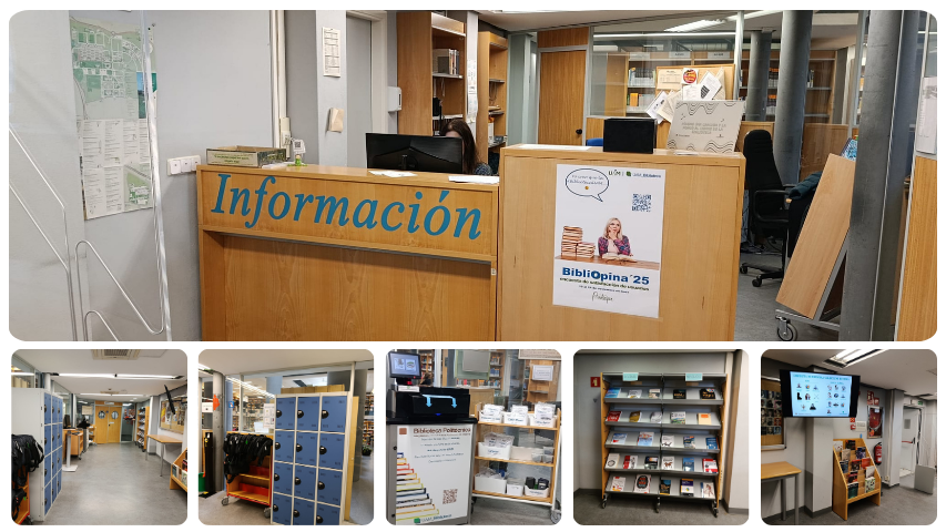 Collage de fotos del mostrador y zona autoservicio de la biblioteca