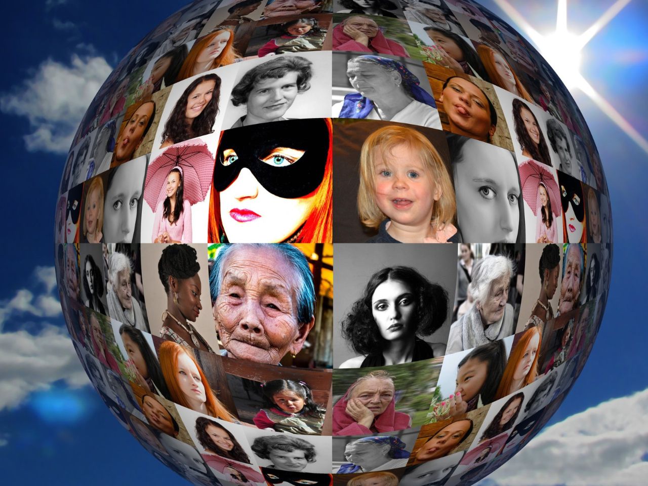 globo terráqueo con caras diversas
