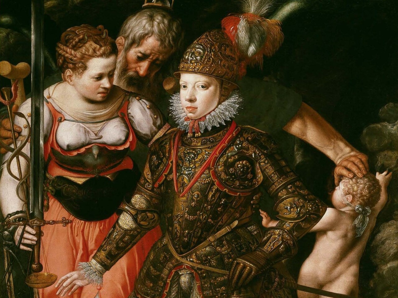 pintura detallada de tres figuras adultas y un niño.