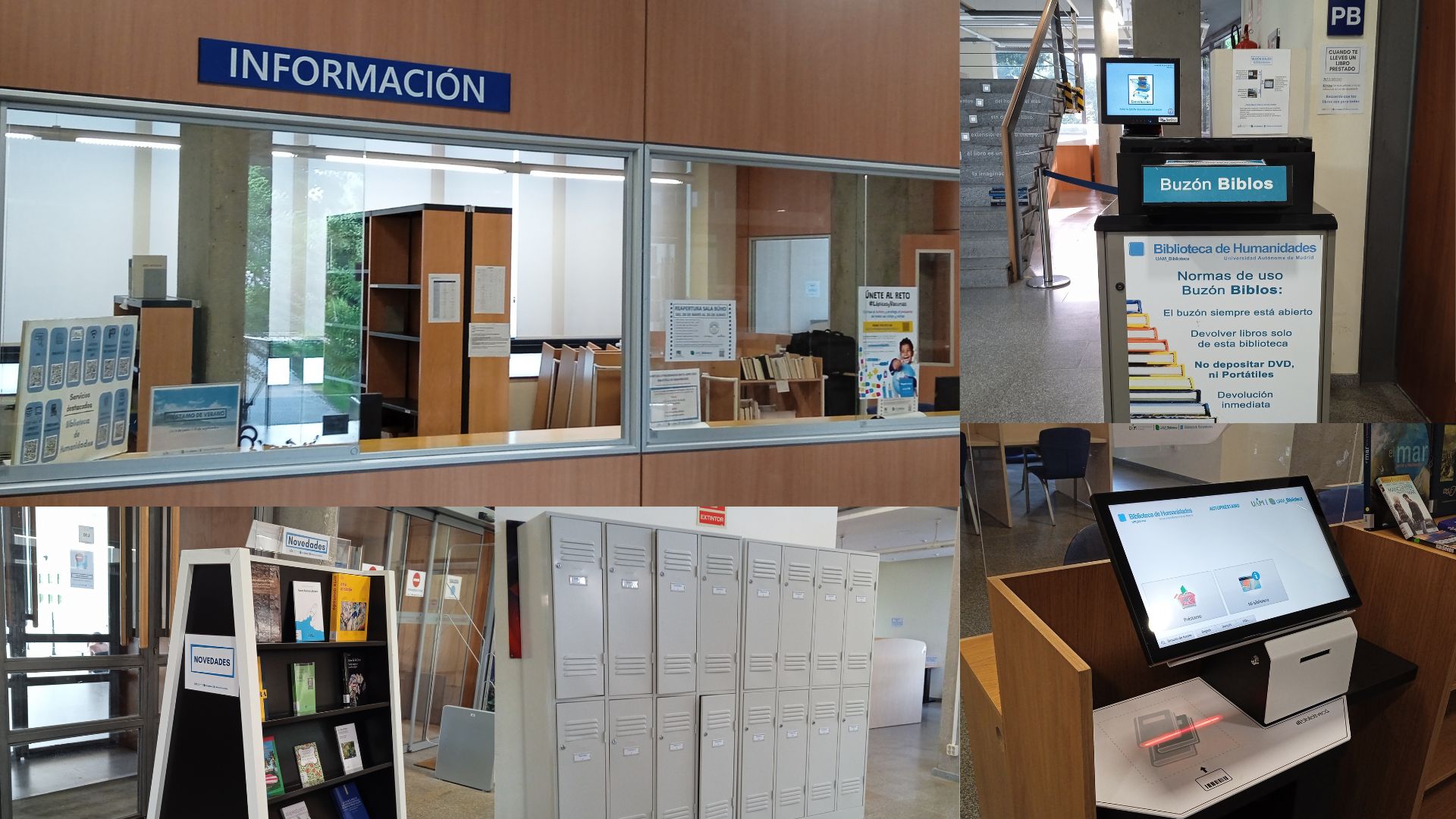 Vestíbulo de la Biblioteca de Humanidades: mostrador, buzón, máquina de autopréstamo, expositor de novedades