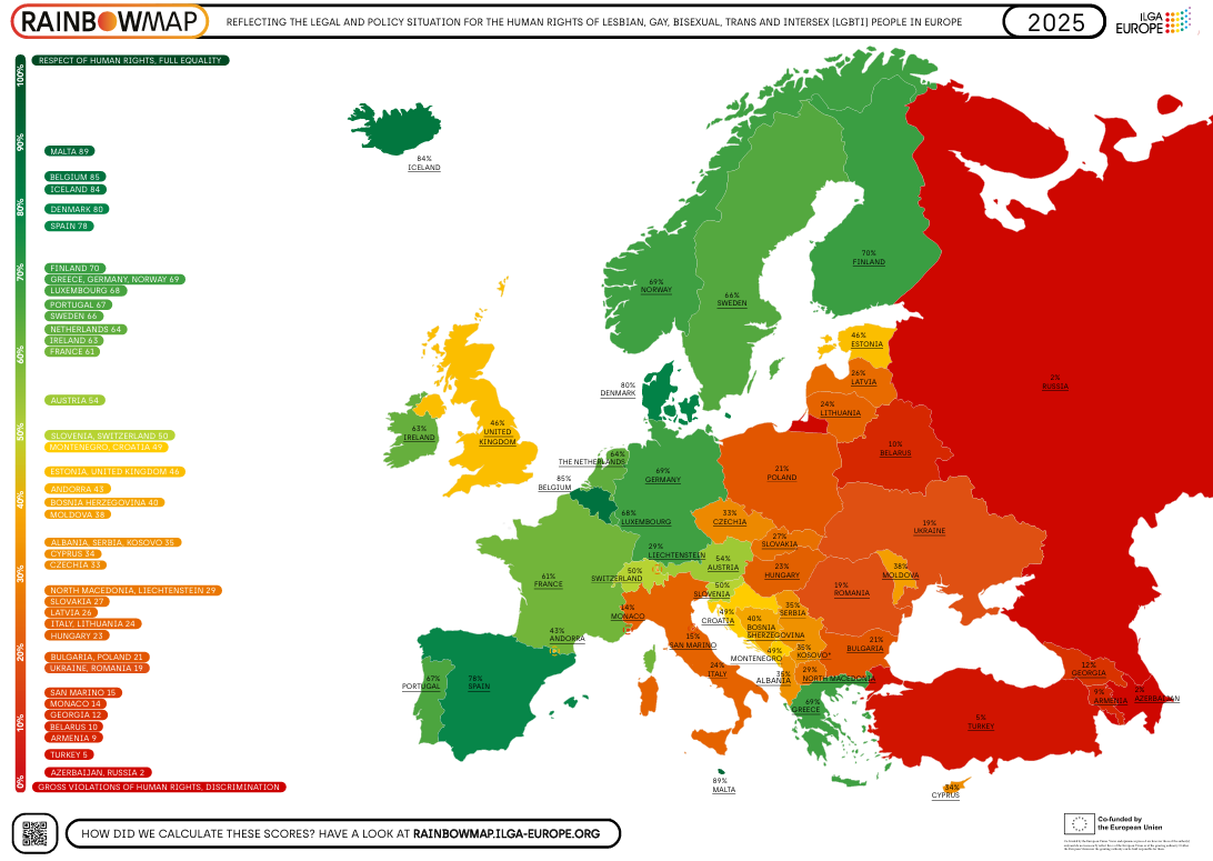 Ranking elaborado por ILGA Europa. Rainbowmap 2025
