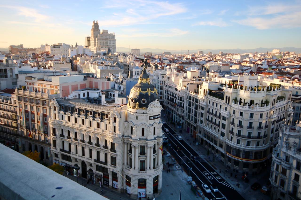 Imagen a vista de pájaro de la Gran Vía de Madrid.