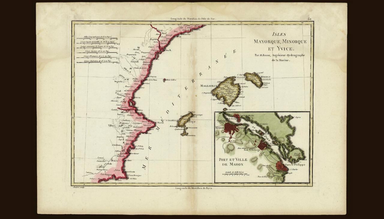 Isles Mayorque, Minorque et Yvice (1787), por Rigobert Bonne (1727-1795).