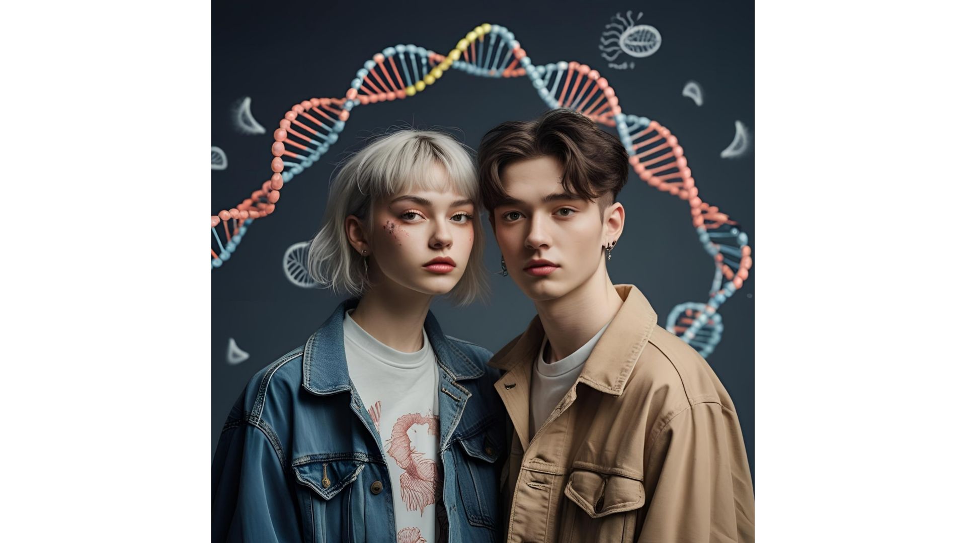 Pareja joven bajo la influencia inconsciente de sus genes. Imagen generada por inteligencia artificial (Multimedia Mágico, Canva 2025)