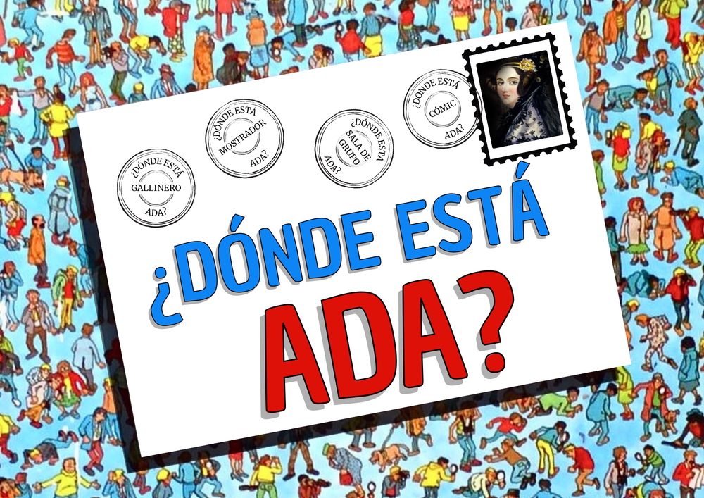 Imagen de una portada que emula al libro de ¿Dónde está Wally? con la imagen de ¿Dónde está Ada?