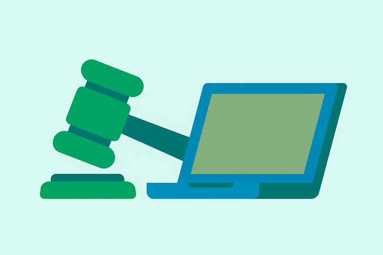 Imagen de un martillo de juez junto a un portátil.