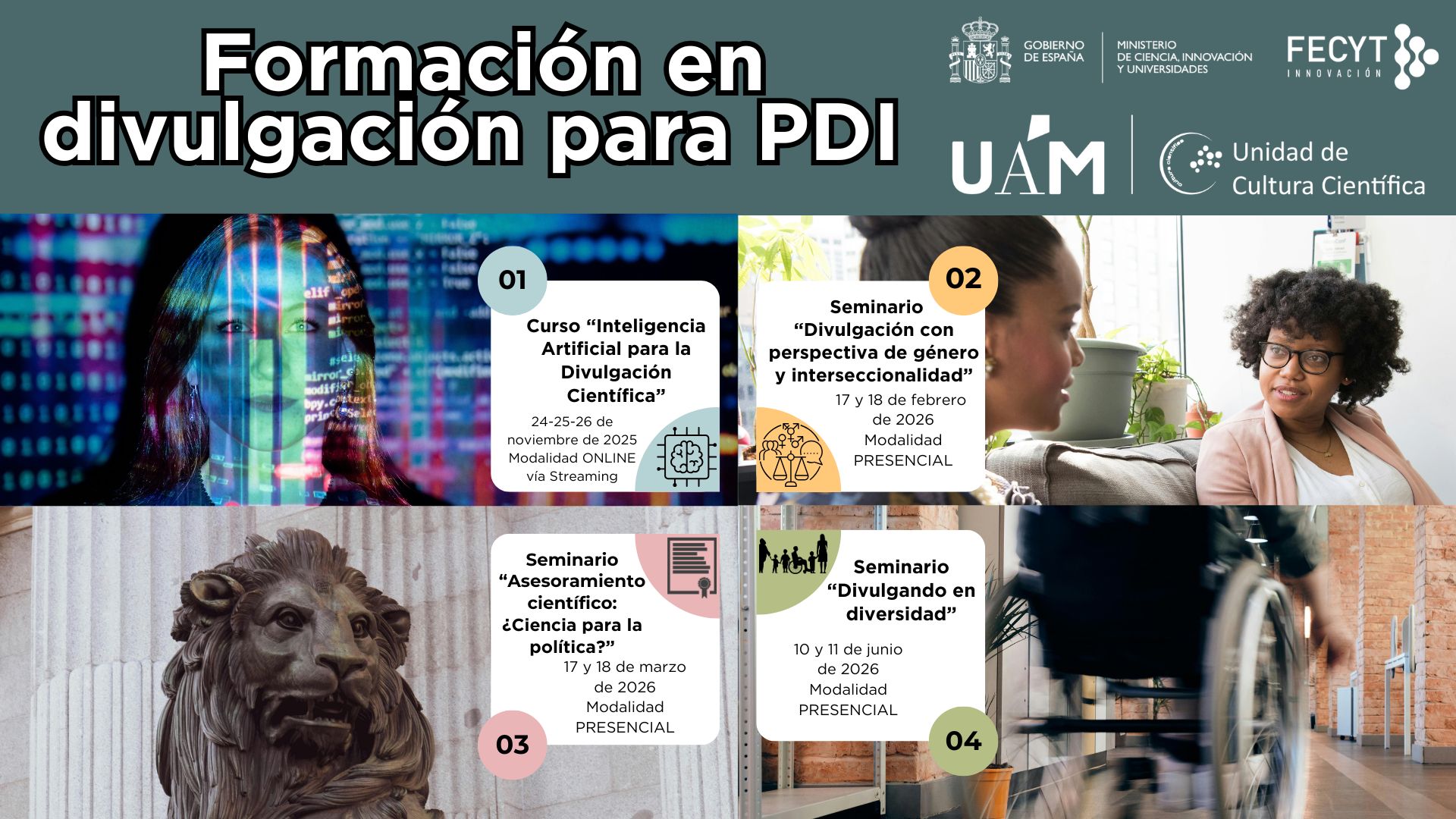 Cartel promocional de los 4 cursos del PDI que se ofrecen este año