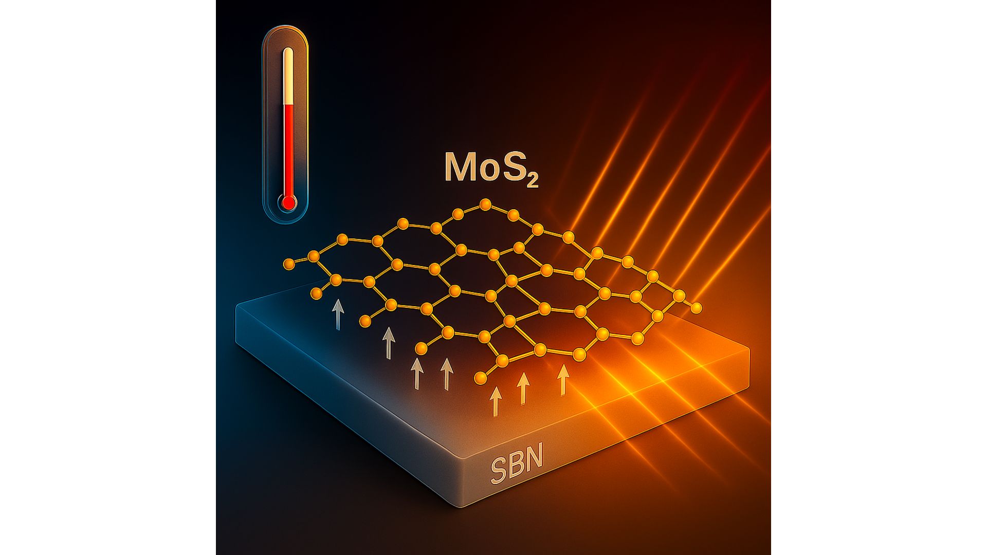 epresentación esquemática de una monocapa de disulfuro de molibdeno (MoS₂) sobre un sustrato ferroeléctrico de niobato de estroncio y bario (SBN). El acoplamiento entre el calor, los campos ferroeléctricos (flechas blancas) y la luz incidente modifica las propiedades electrónicas del MoS₂, abriendo la posibilidad de controlar sus aplicaciones en nanoelectrónica y optoelectrónica / UAM