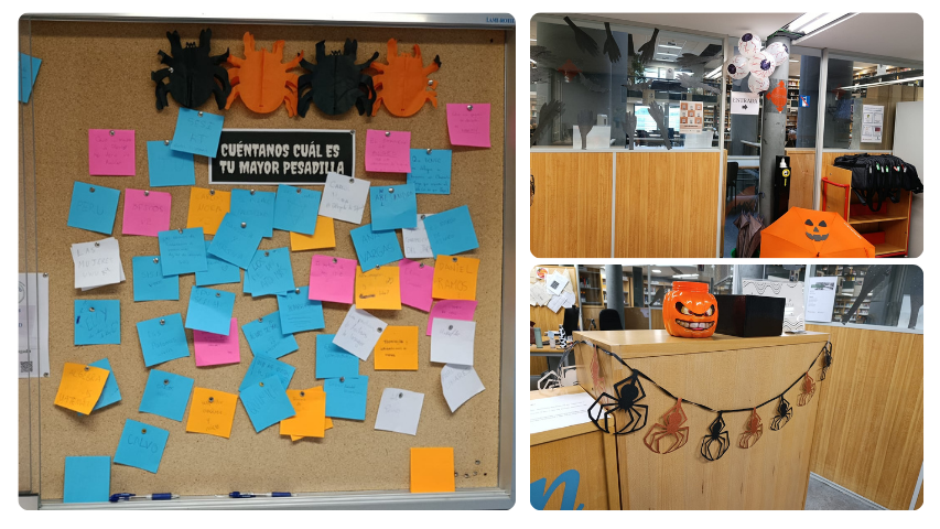 Collage de la decoración de Halloween de la Biblioteca Politécnica de la UAM.