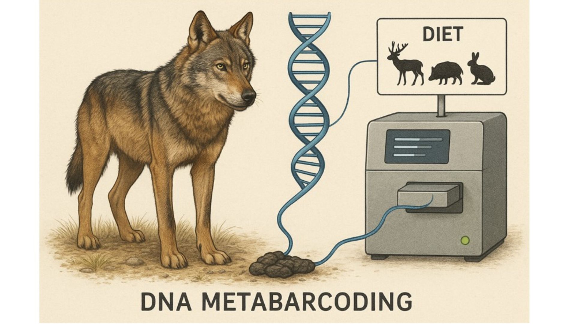 Imagen que ilustra la metodología de DNA metabarcoding gracias a la cual se puede identificar la dieta del lobo a partir de los fragmentos de ADN de sus presas que se encuentran en las heces. Imagen creada por Pablo Acebes con IA / UAM
