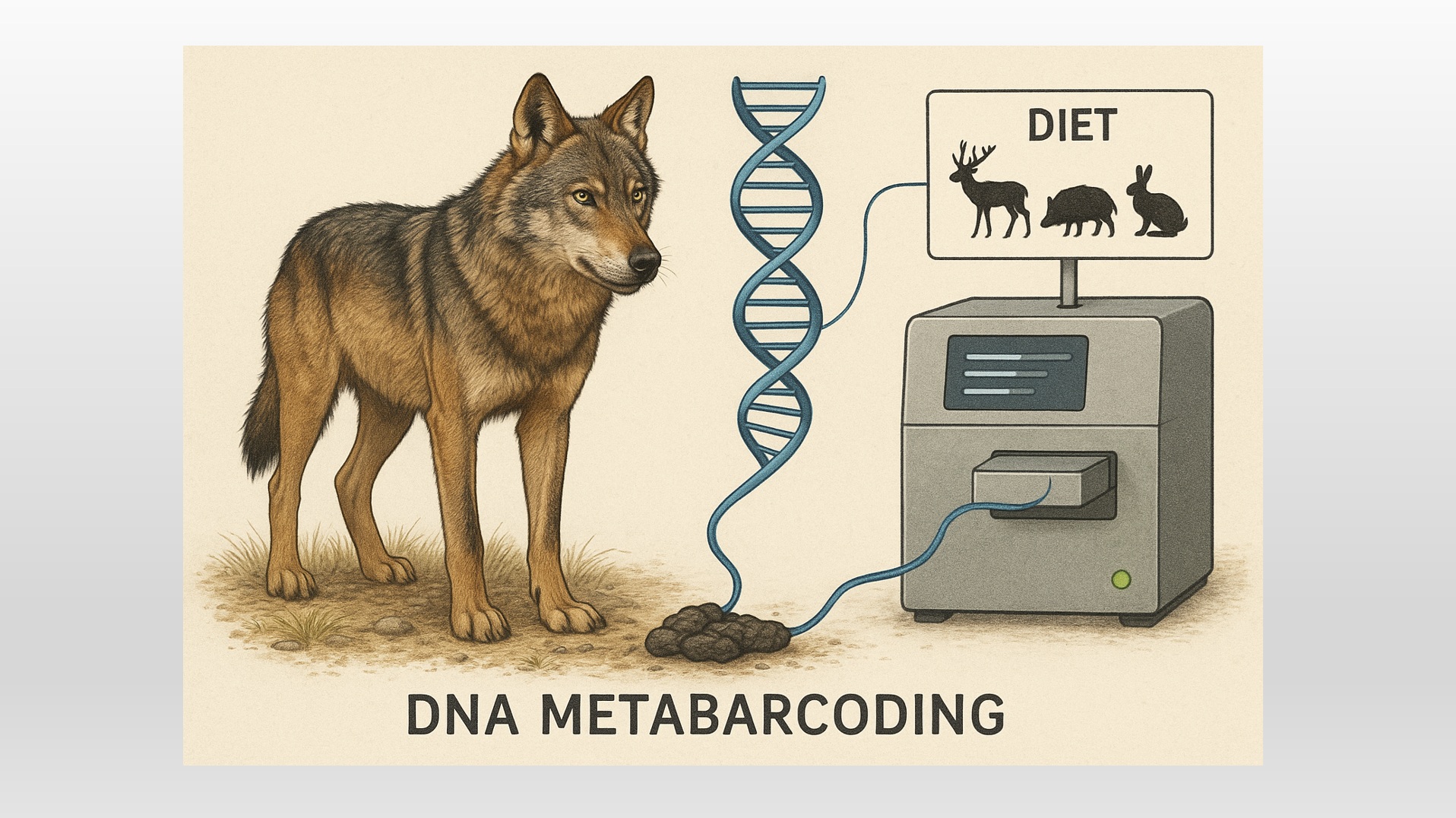 Imagen-montaje dibujado de lobo y máquina realización 'metabarcoding'