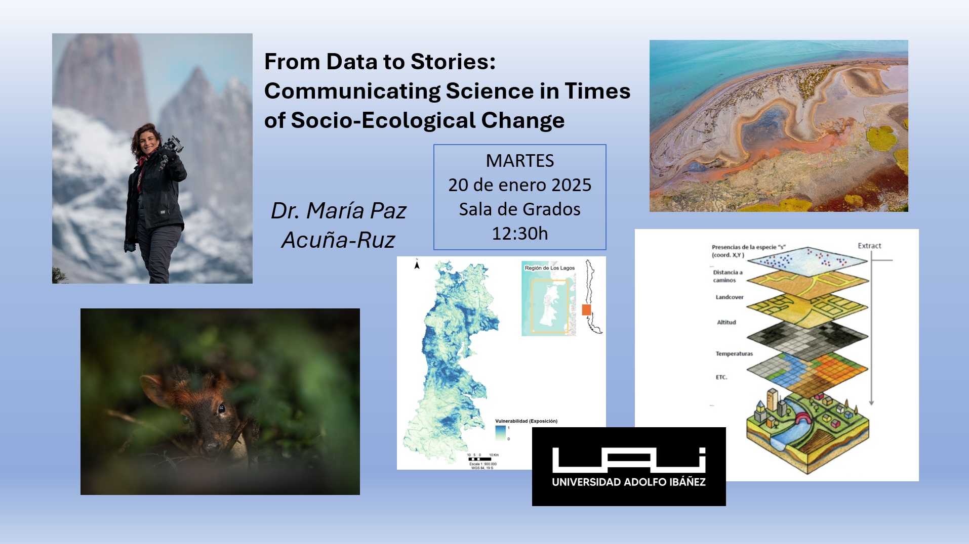 Montaje de imágenes de la ponente y mapas. Cartel anunciode la conferencia