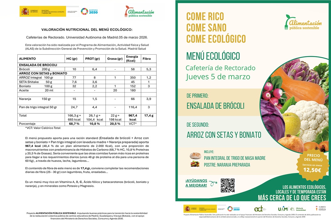 cartel del menú semanal y su valor nutricional