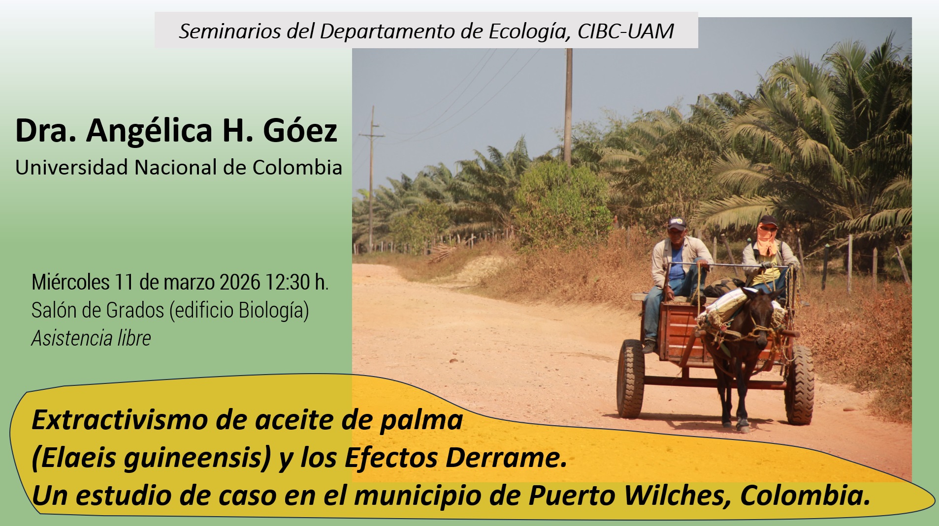 Cartel anunciador del seminario, con fotografía de plantacion de palma de Puerto Wilches