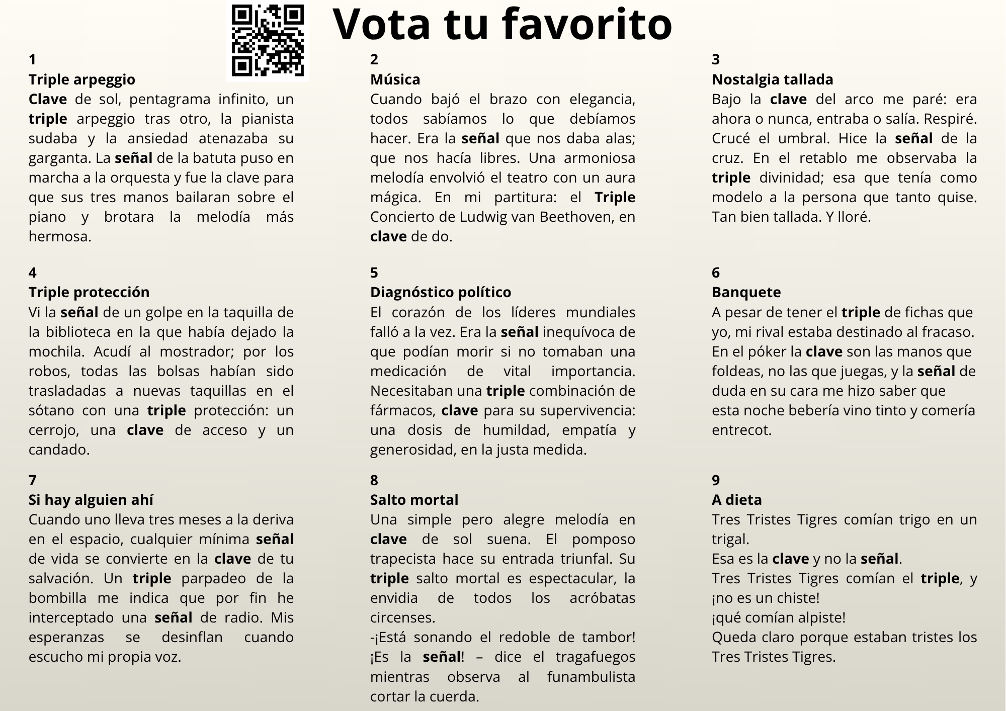 Cartel con los 9 microrrelatos del II Concurso de Microrrelatos.