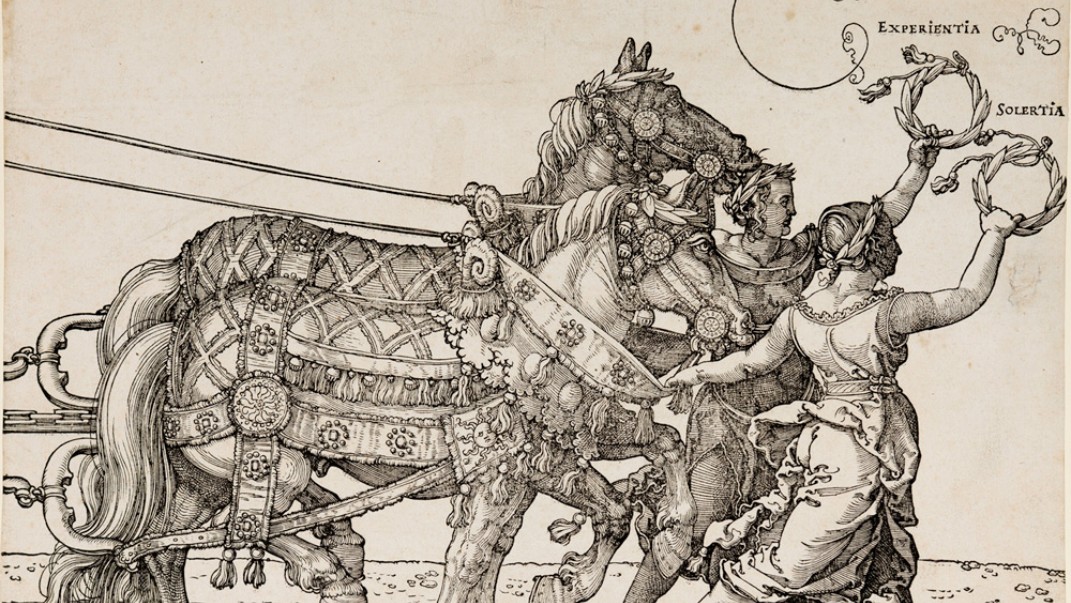 Grabado histórico con un carro tirado por caballos