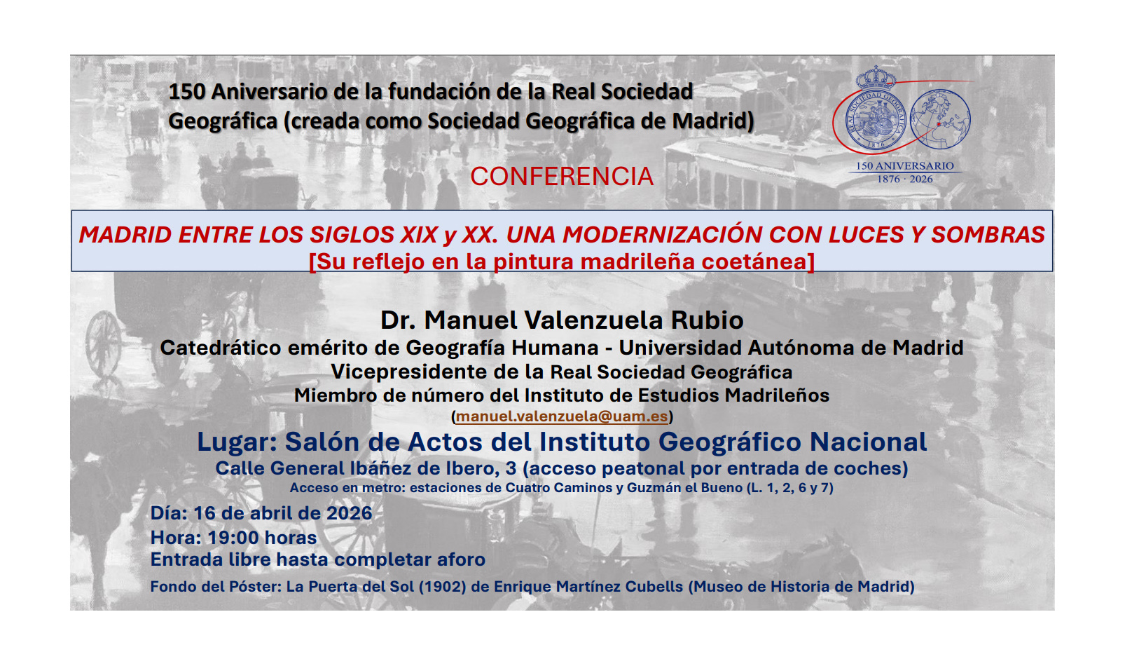 póster conferencia Real Sociedad Geográfica 150 aniversario