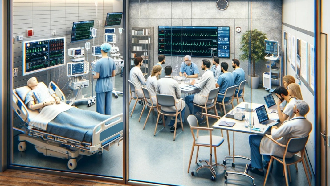 imagen virtual de medicos en un quirofano y otras personas reunidas en una mesa