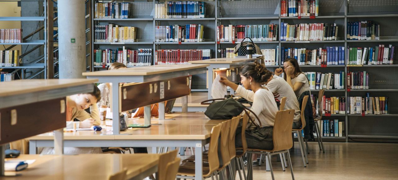 Imagen de varios estudiantes en la biblioteca.