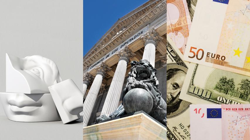 Collage de una escultura, la fachada del Congresod e los Diputados y unos billetes