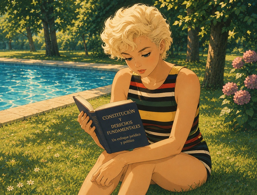 Mujer leyendo un libro sobre derechos Fundamentales en la piscina
