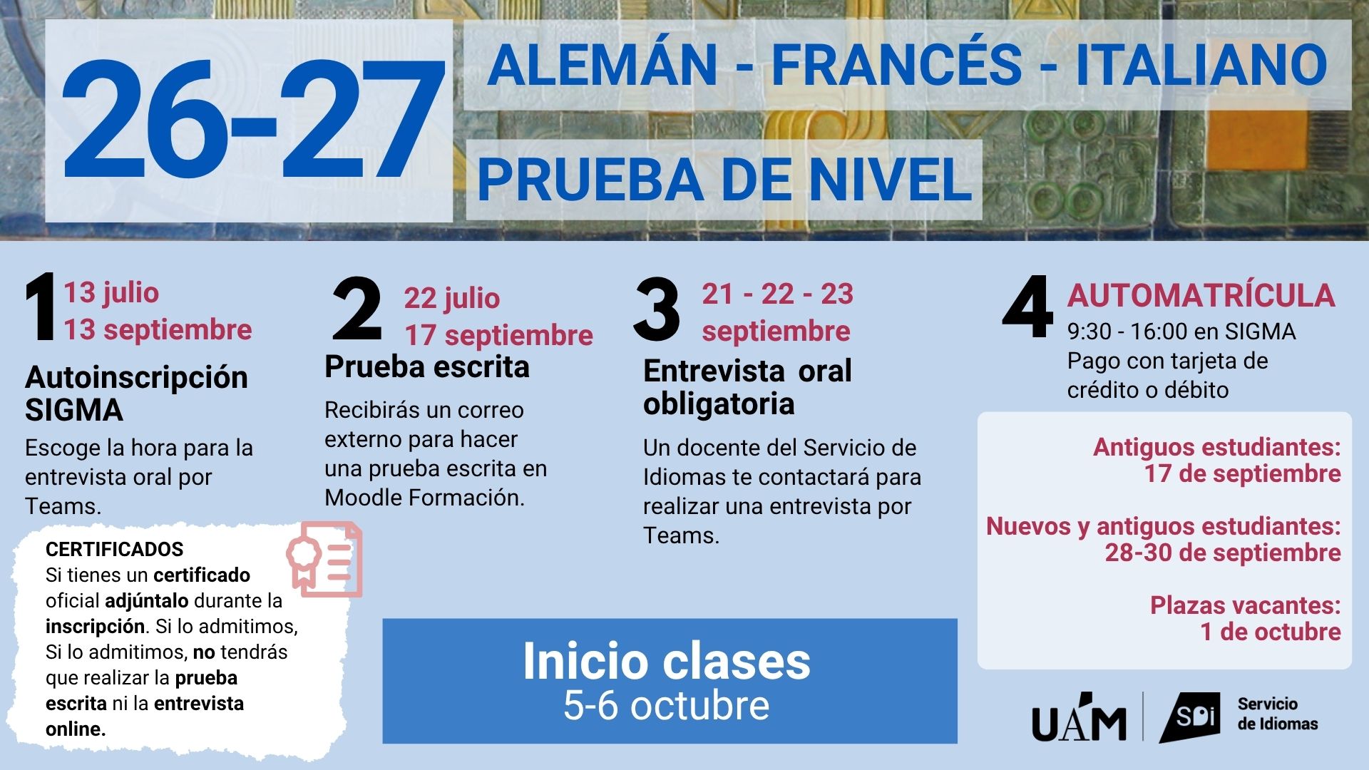 Infografía detallando pasos a seguir para la prueba de nivel alemán, francés e italiano