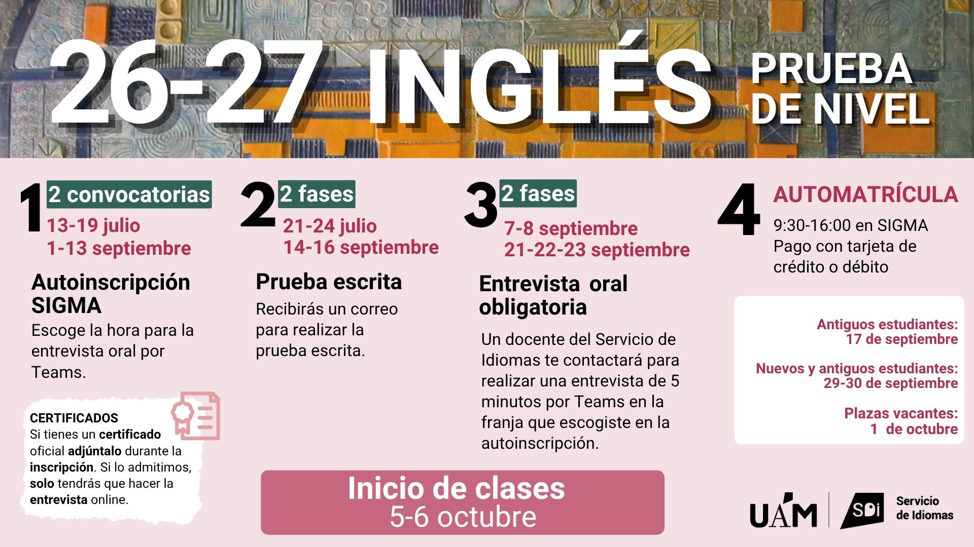 Infografía detallando pasos a seguir para la prueba de nivel de inglés