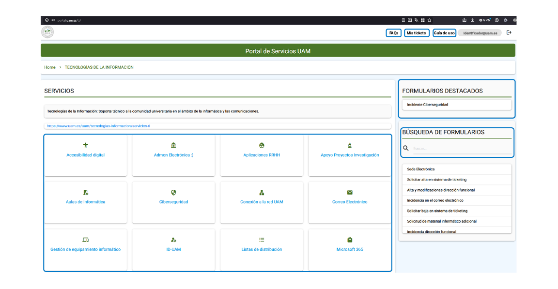 Captura de la estructura de una página de servicios del Portal de Servicios UAM. La cabecera incluye accesos a las preguntas frecuentes, el seguimiento de solicitudes («Mis tickets») y la guía de uso. La zona central muestra los servicios disponibles del área de Tecnologías de la Información organizados mediante tarjetas. El panel lateral derecho contiene los formularios destacados y el buscador de formularios para acceder directamente a incidencias, consultas y peticiones.