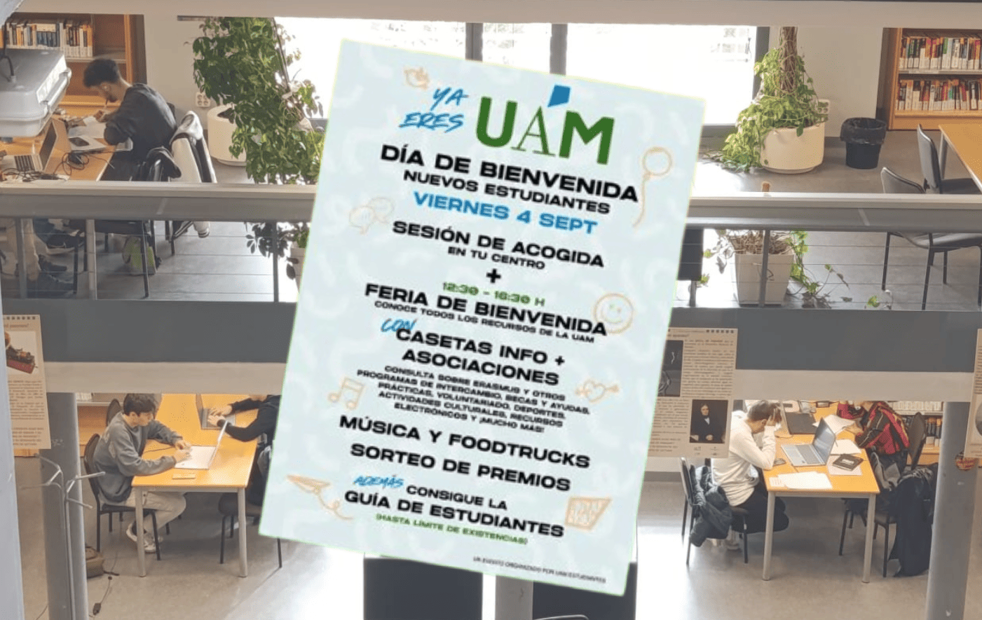 Imagen de la Biblioteca Politécnica con el cartel de las actividades de bienvenida.