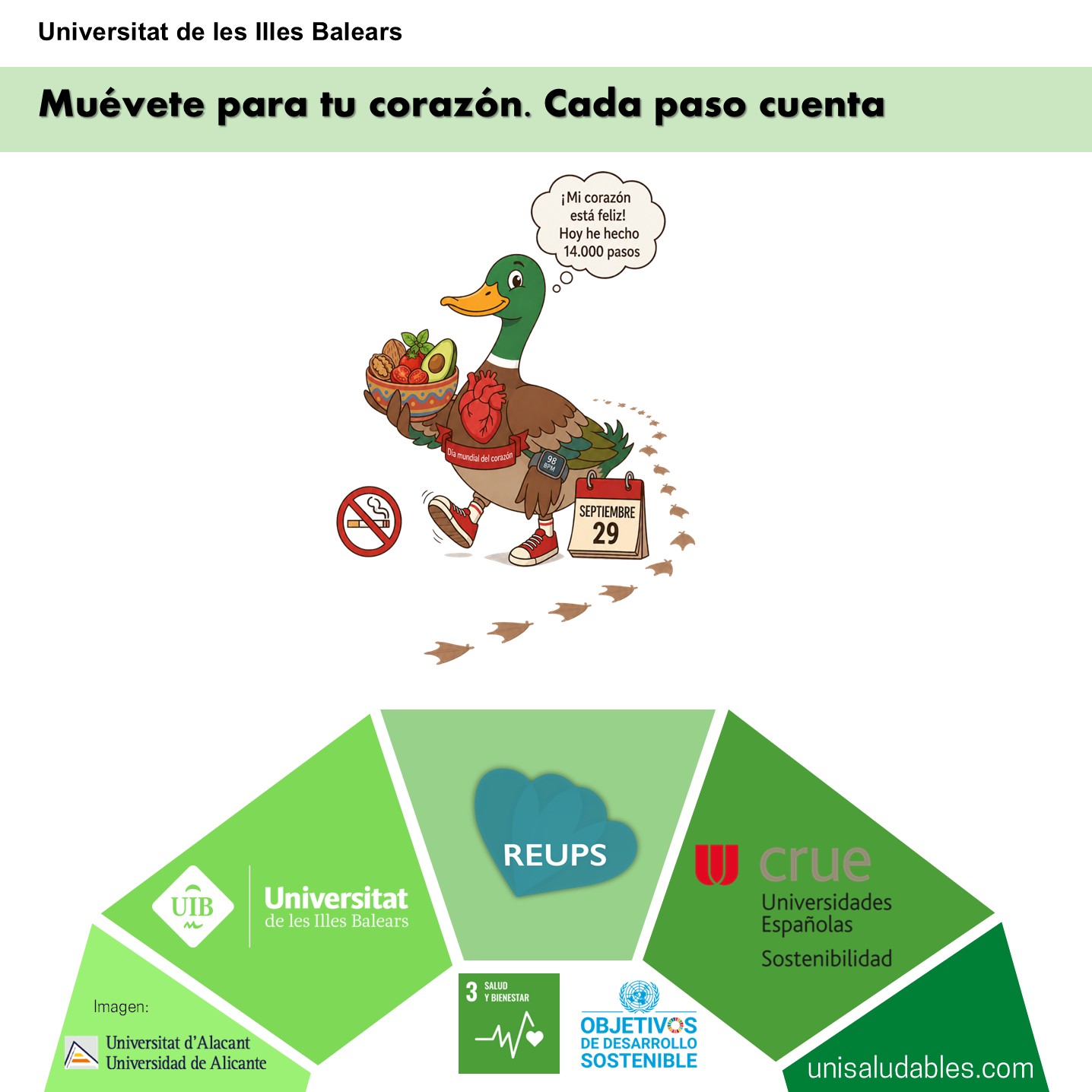 pato sobre infografia feliz porque hizo 14.000 pasos