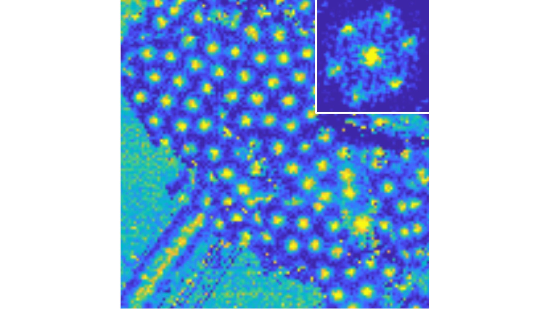 El equipo ha visualizado por primera vez una red de vórtices superconductores en la superficie de γ-PtBi₂. Además, comprobó que la separación entre ellos cambia con la intensidad del campo magnético. / UAM.