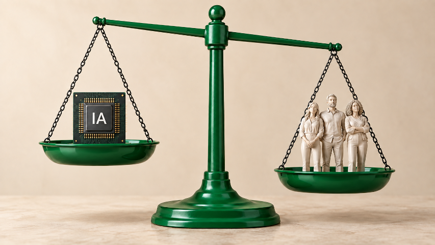 balanza con personas a un lado y logo ia al otro