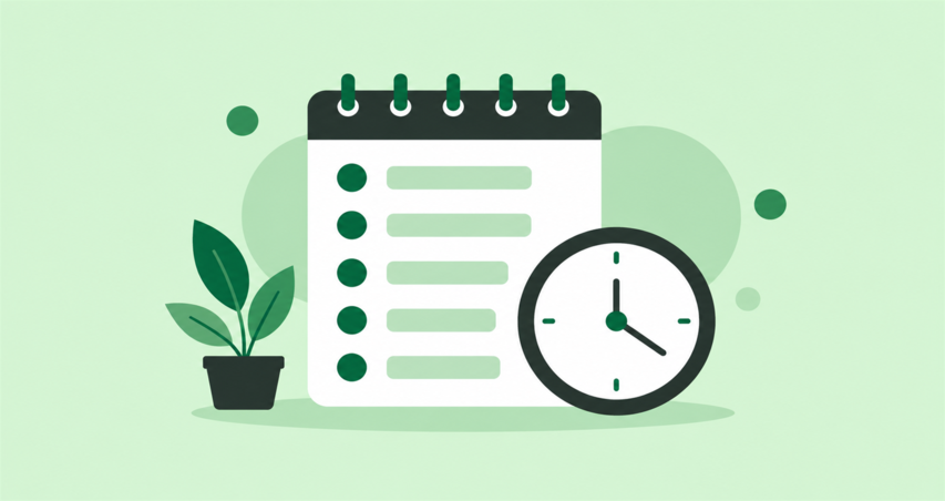 planta junto a un calendario y un reloj