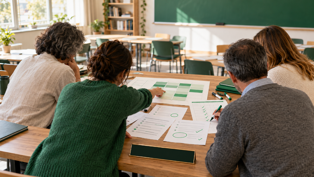 cuatro personas en una mesa señalando unos gráficos