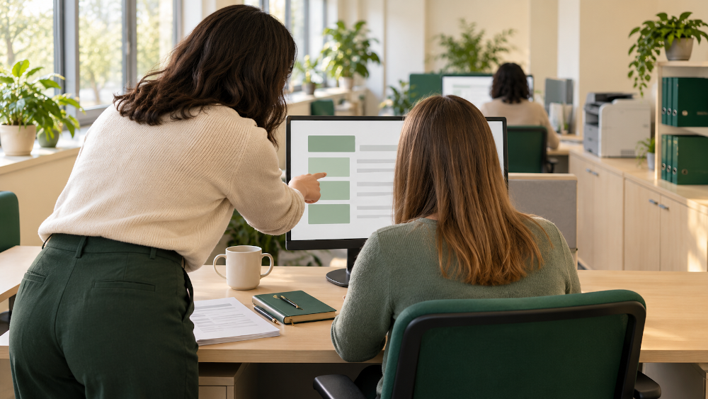dos mujeres delante de una pantalla de pc