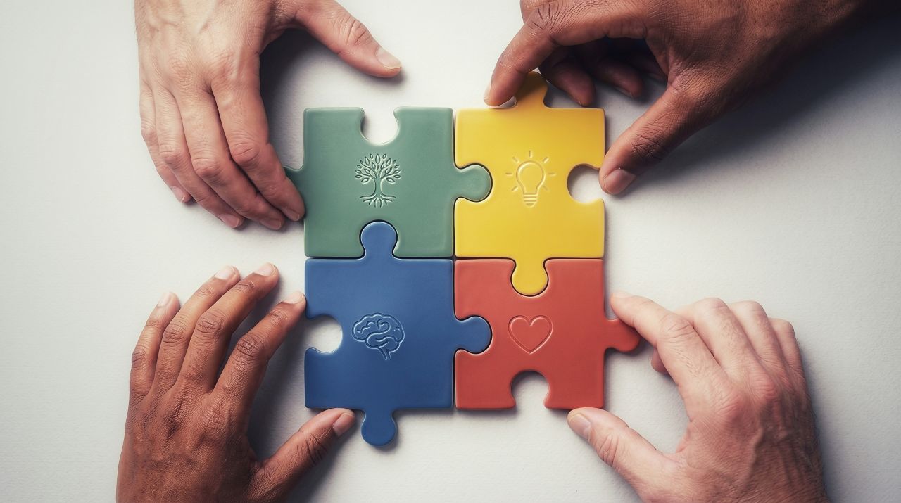 Imagen de recurso que muestra cuatro piezas de un puzzle de colores verde, amarillo, azul y rojo, sujetas por cuatro manos.