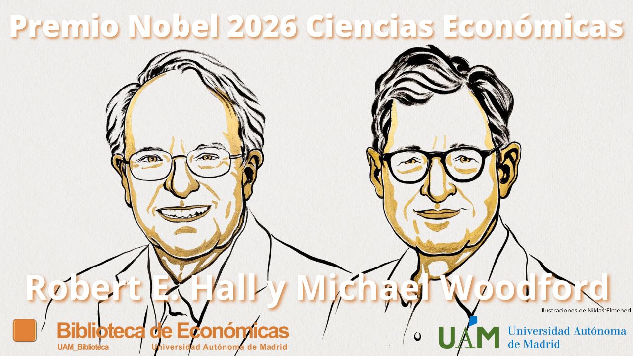 Cartel con el retrato de los tres galardonados con el Nobel de Economía 2026 realizado por de Niklas Elmeheld