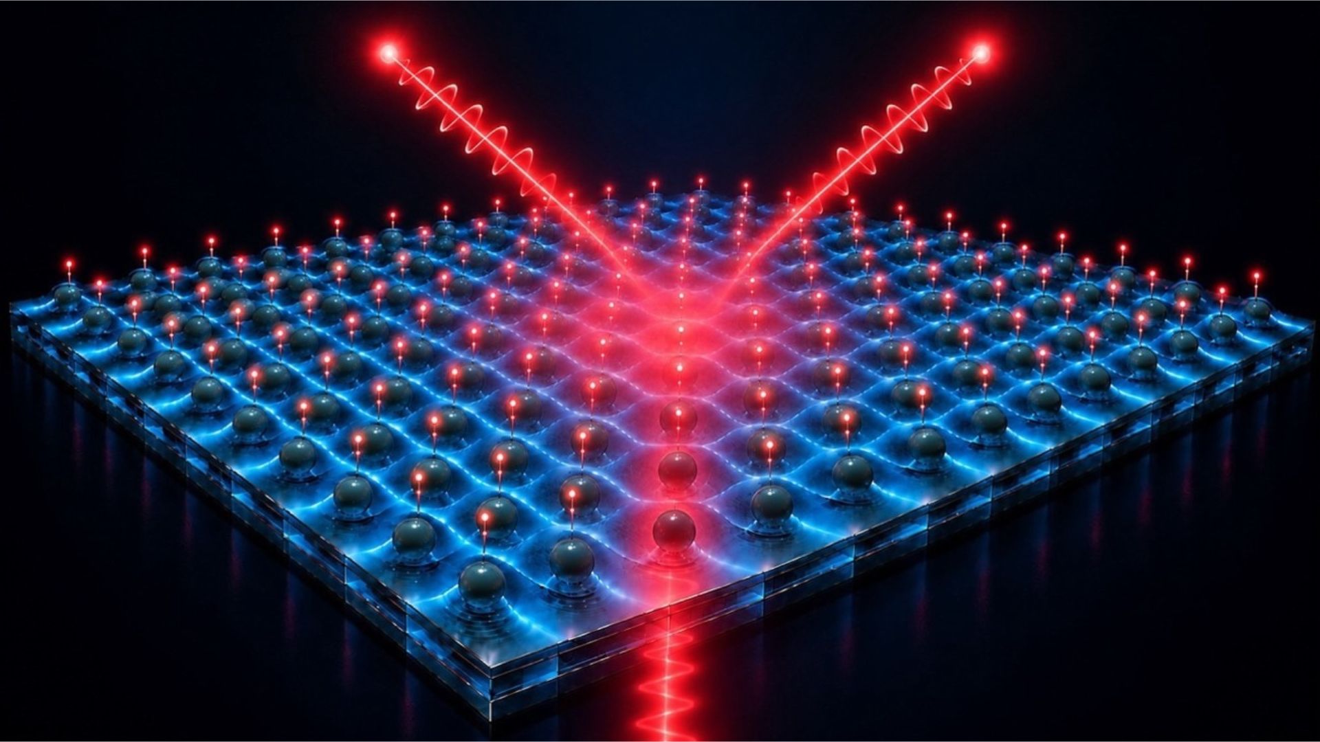 Recreación artística de un polaritón cristalino. Una red ordenada de emisores cuánticos se sitúa sobre una metasuperficie formada por nanoesferas. Al iluminar el conjunto con un láser, la luz y la materia se hibridan y el sistema emite pares de fotones entrelazados. / UAM