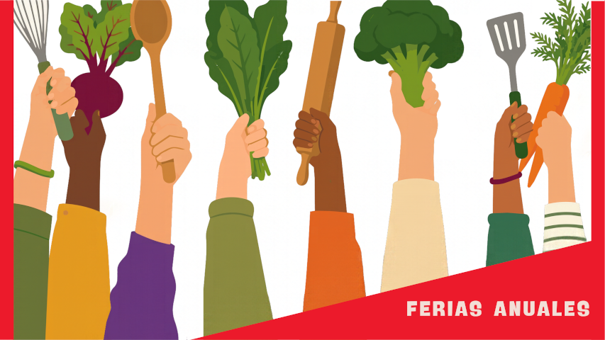 dibujo de varios brazos en alto con verduras y utensilios de cocina